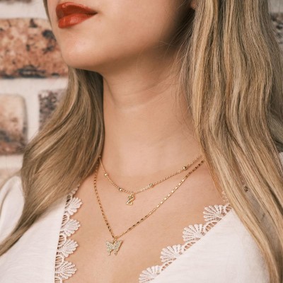 Özel Harf Seçeneğiyle Çift Zincirli Harf Detay Kelebek Gold Kolye | Sevgiğinize Özel Altın Kaplama Kolye Özel Harf Seçeneğiyle Çift Zincirli Harf Detay Kelebek Gold Kolye | Sevgiğinize Özel Altın Kaplama Kolye