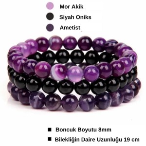 Doğal Taşlı Zayıflama Bileklik Seti - Mor Akik, Siyah Oniks ve Ametis Taşlarıyla Dengeli Enerji