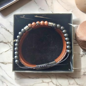 Doğal Taşlı Deri Bileklik 2'li Set - Jasper Taşı ve Siyah Uniks 