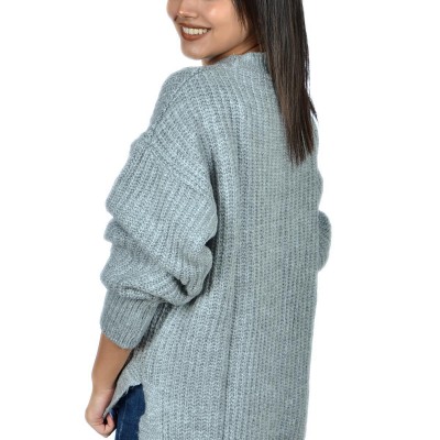 Yandan Yırtmaçlı Bayan Yün Kazak Gri