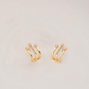 Zirkon Taşlı İncili Modern Tasarım Çelik Küpe | Gold Renk 